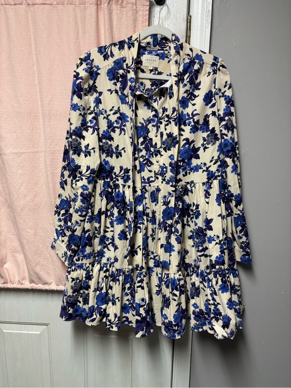 Sezane Cream Blue Floral Print tiered dress long sleeve